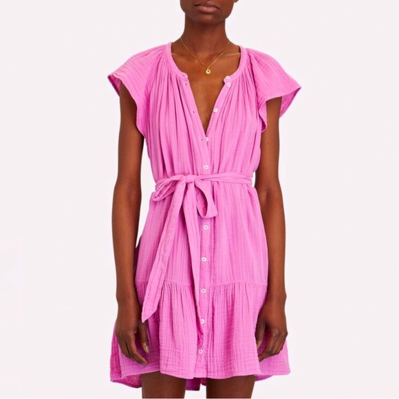 XÍRENA Pink Jude Cotton Gauze Flutter Short Sleeve Button Up Belted Mini Dress - Picture 9 of 10
